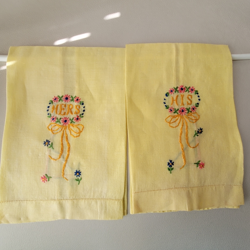 Vintage His & Hers & Guest Tea Towels , Embroidered, Wedding gift! Cottage!!
